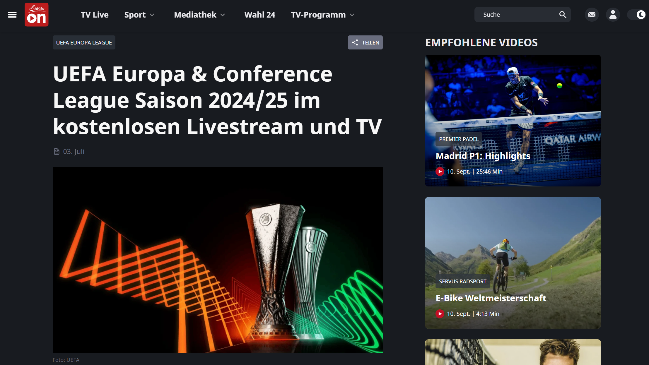 UEFA Europa & Conference League 2024/25 live bei ServusTV